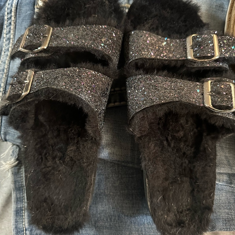 Black Glitter Buckle Women's Slides